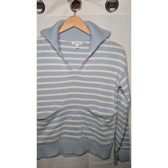 Nordstrom Women's Collared Popover Knit Sweater Sz XXS Blue White Stripes Preppy - Picture 2 of 7